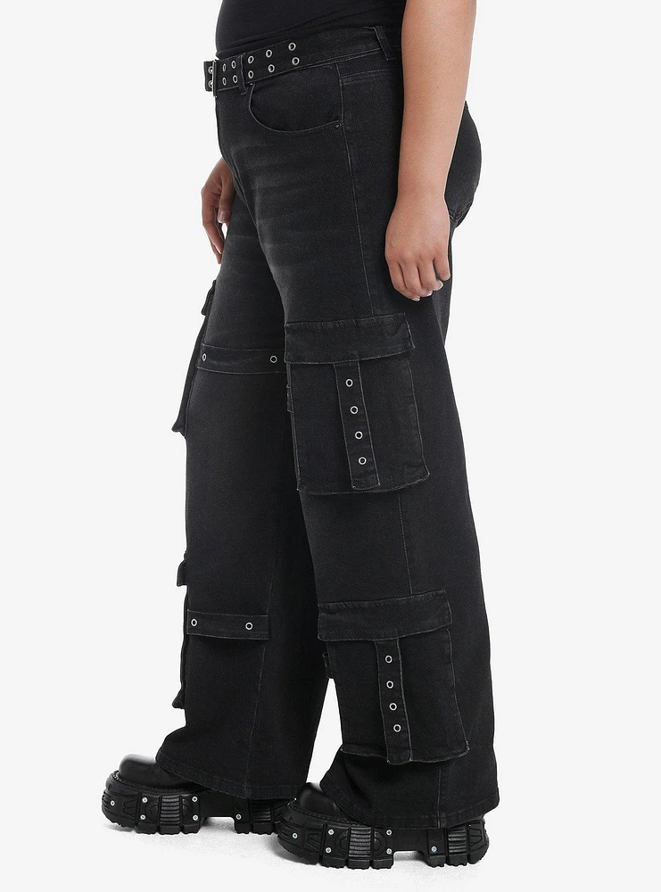 Black Grommet Belt Hardware Cargo Denim Pants Plus