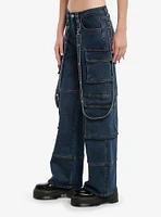 Dark Indigo Suspender Cargo Denim Carpenter Pants