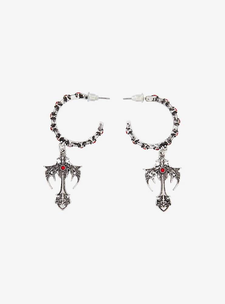 Social Collision Gothic Cross Red Gem Hoop Earrings