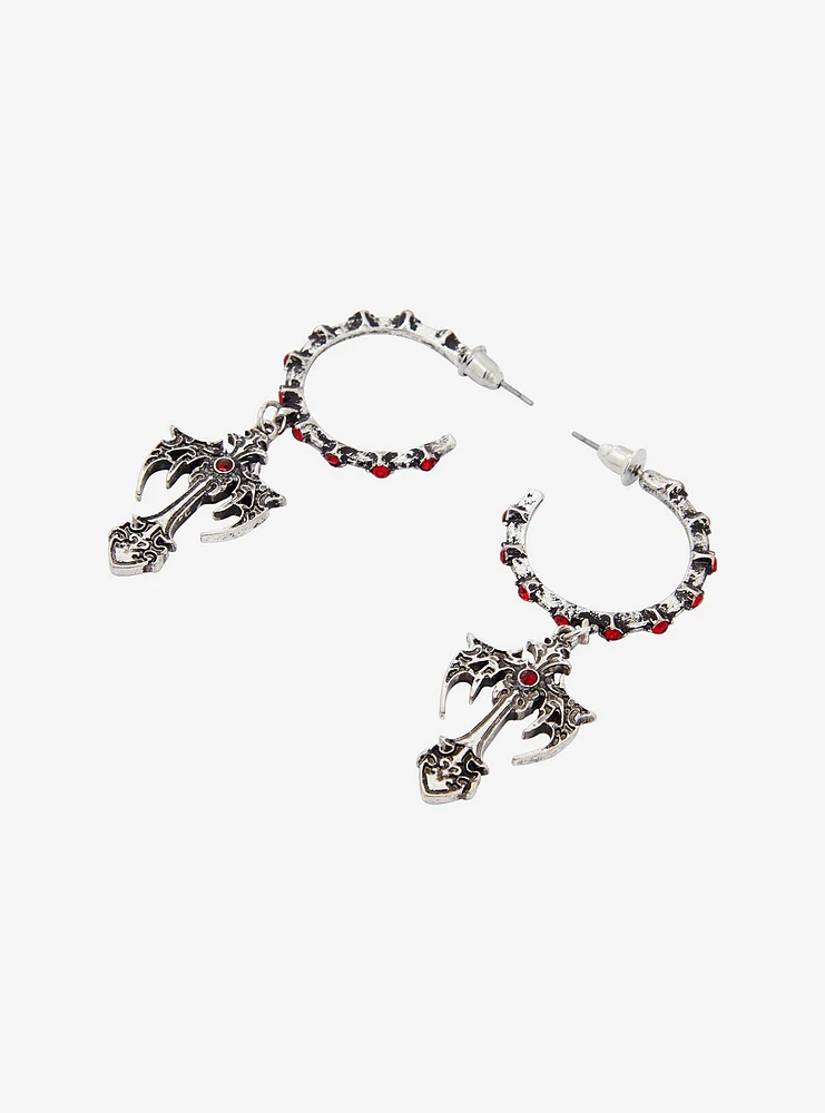 Social Collision Gothic Cross Red Gem Hoop Earrings