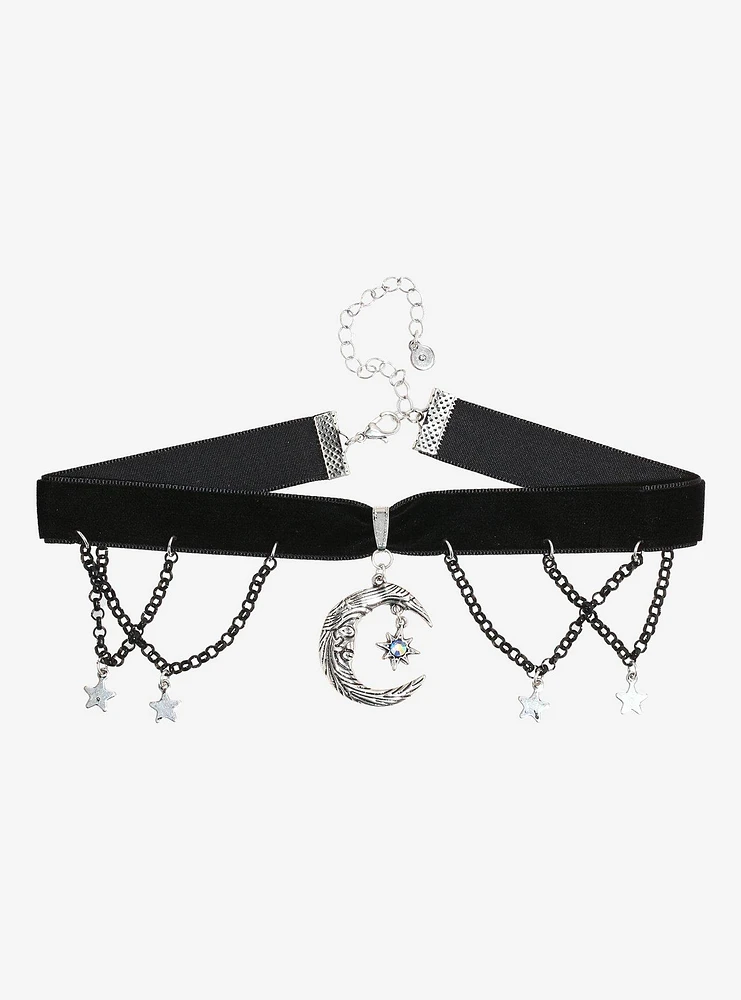 Cosmic Aura Crescent Moon Star Chain Velvet Choker