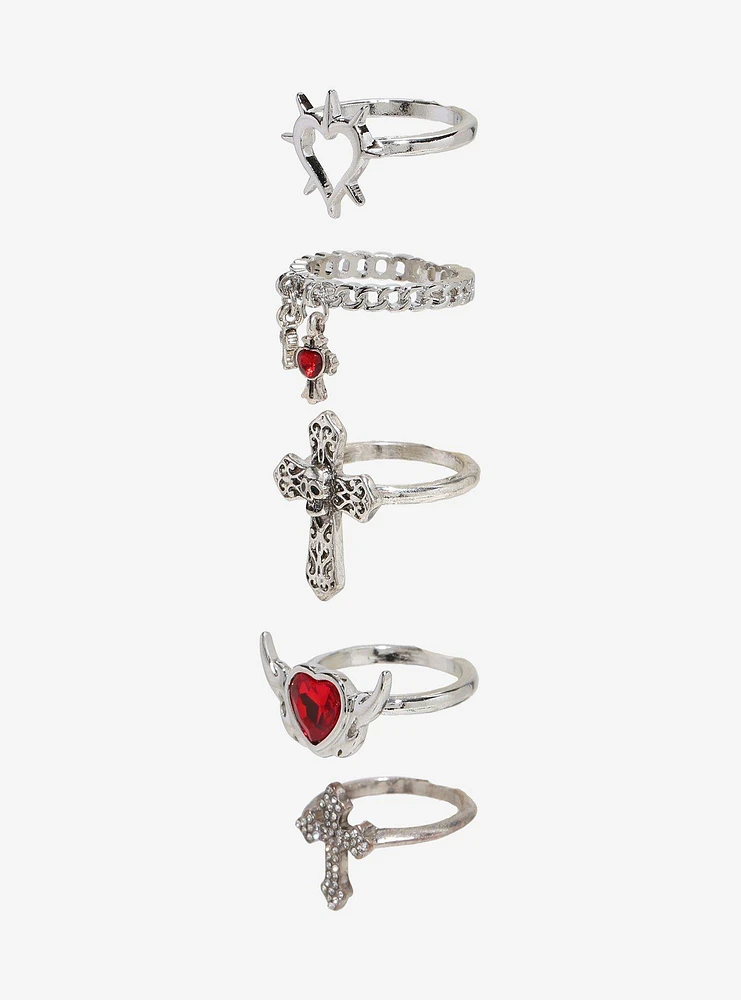 Social Collision Red Gem Skull Heart Ring Set