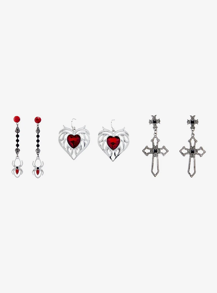 Social Collision Flame Heart Spider Cross Drop Earring Set