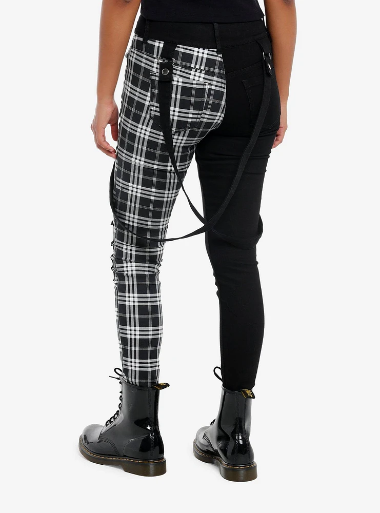 Black & White Plaid Split Suspender Hi-Rise Skinny Jeans