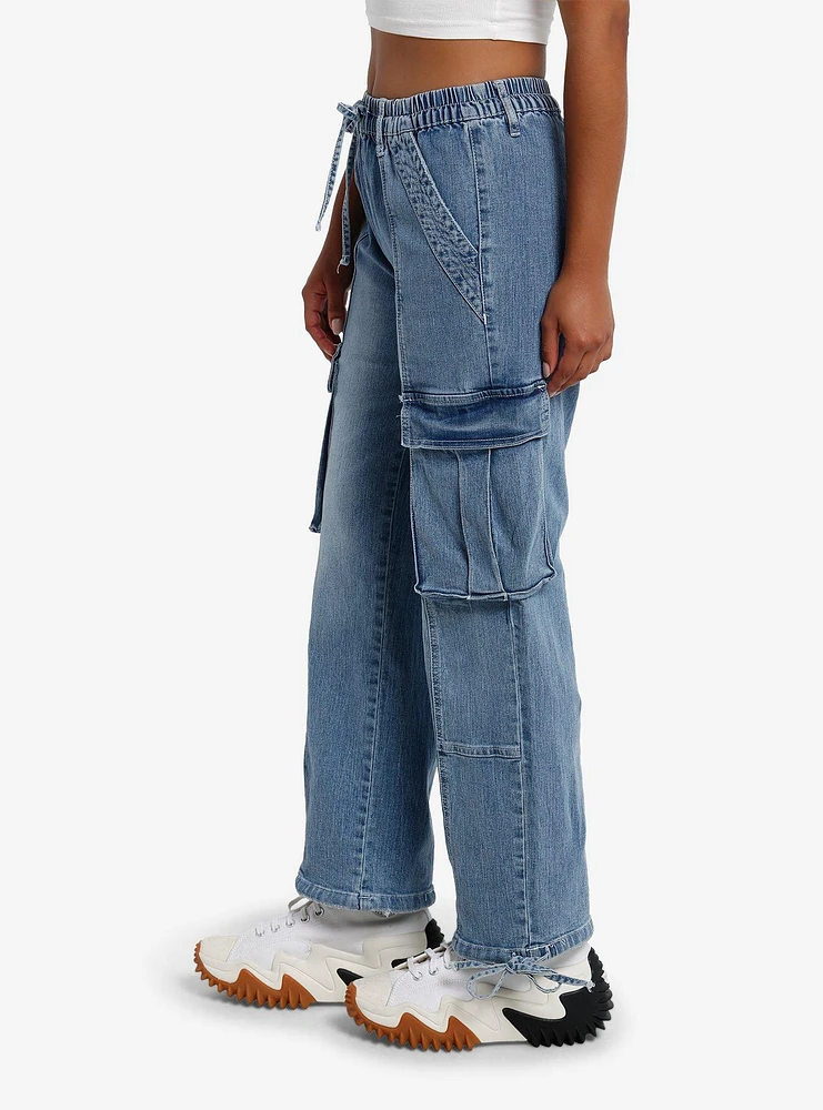 Light Indigo Cargo Girls Wide Leg Jeans