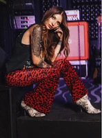 Red Leopard Animal Print Velvet Flare Bell Bottoms Pants