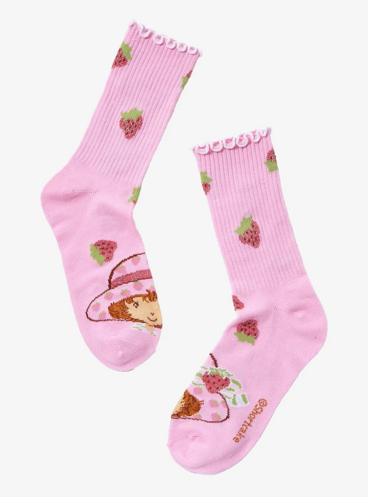 Strawberry Shortcake Glitter Embroidered Strawberry Crew Socks