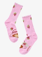 Strawberry Shortcake Glitter Embroidered Strawberry Crew Socks