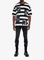 Social Collision Black & White Stripe Skull Patches T-Shirt