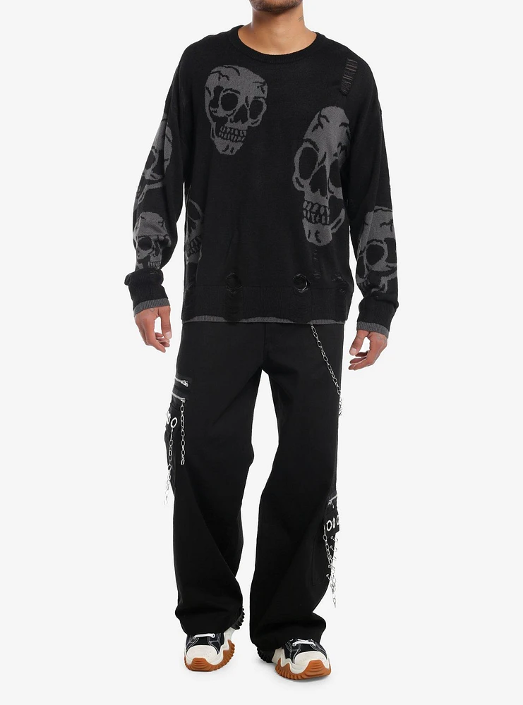 Skulls Distressed Intarsia Sweater