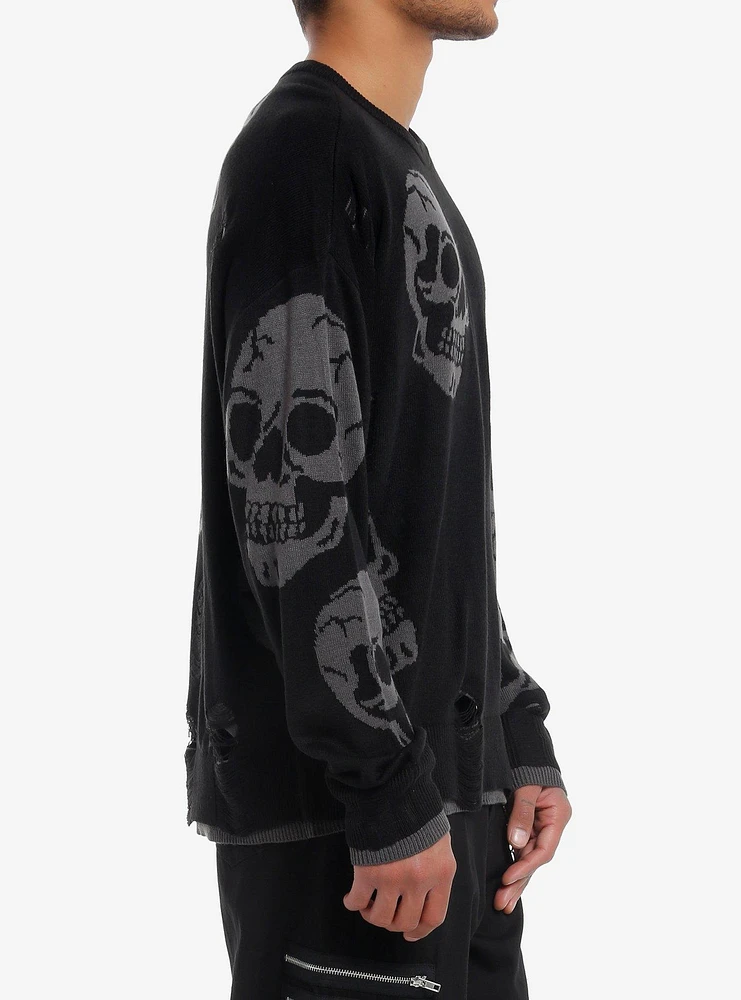 Skulls Distressed Intarsia Sweater