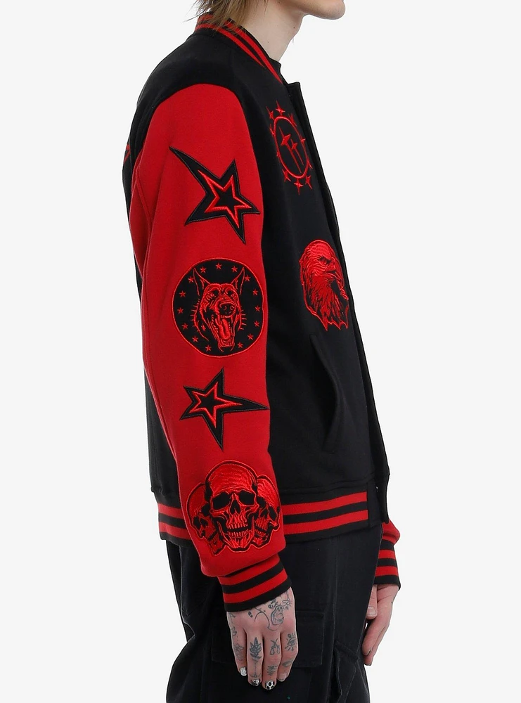 Black & Red Rock Star Patches Varsity Jacket