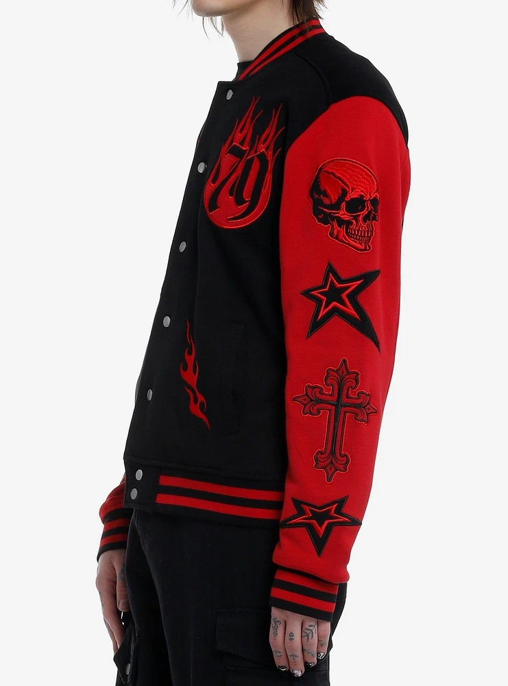 Black & Red Rock Star Patches Varsity Jacket