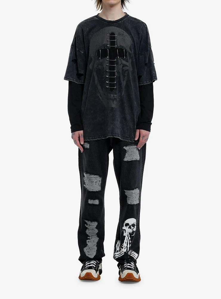 Social Collision Skull Cross Safety Pin Oversized Long-Sleeve Twofer