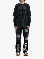 Social Collision Skull Cross Safety Pin Oversized Long-Sleeve Twofer