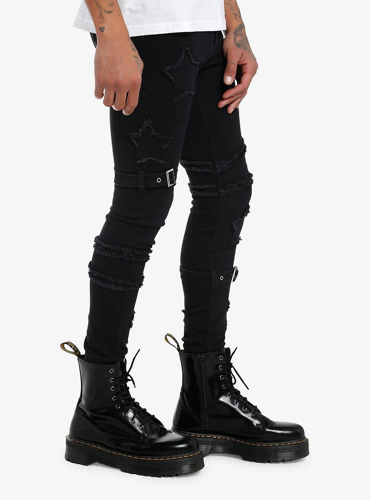 Social Collision Black Frayed Stars & Buckles Stinger Jeans