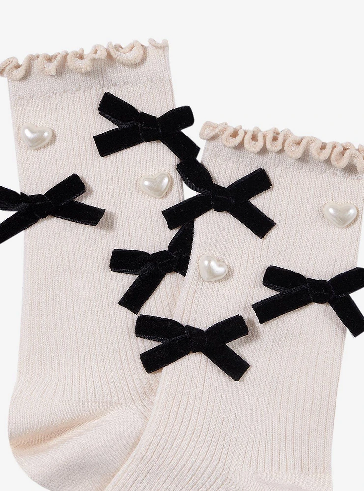 Cream Bow Heart Pearl Crew Socks