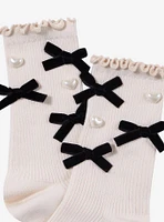 Cream Bow Heart Pearl Crew Socks