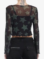 Social Collision Black & Green Spiral Star Mesh Girls Long-Sleeve Top