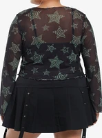 Social Collision Black & Green Spiral Star Mesh Girls Long-Sleeve Top Plus