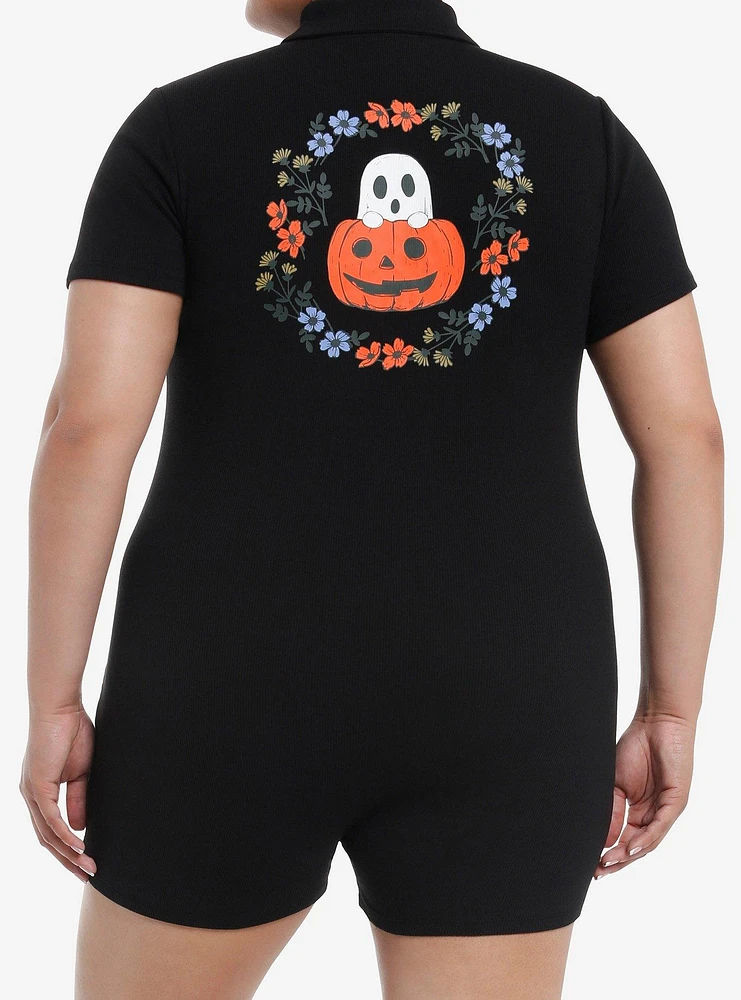 Thorn & Fable Ghosts Pumpkins Flowers Girls Polo Romper Plus