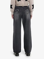 Black Frayed Star Patch Wide Leg Denim Pants