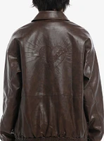 Daisy Street Heart Embroidered Brown Faux Leather Girls Jacket