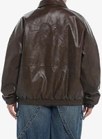 Daisy Street Heart Embroidered Brown Faux Leather Girls Jacket Plus