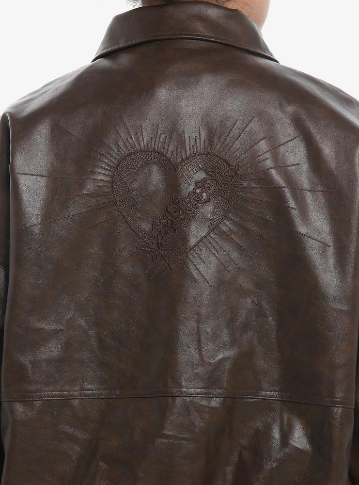 Daisy Street Heart Embroidered Brown Faux Leather Girls Jacket Plus