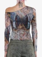 Thorn & Fable Butterfly Mosaic Off-The-Shoulder Girls Long-Sleeve Top