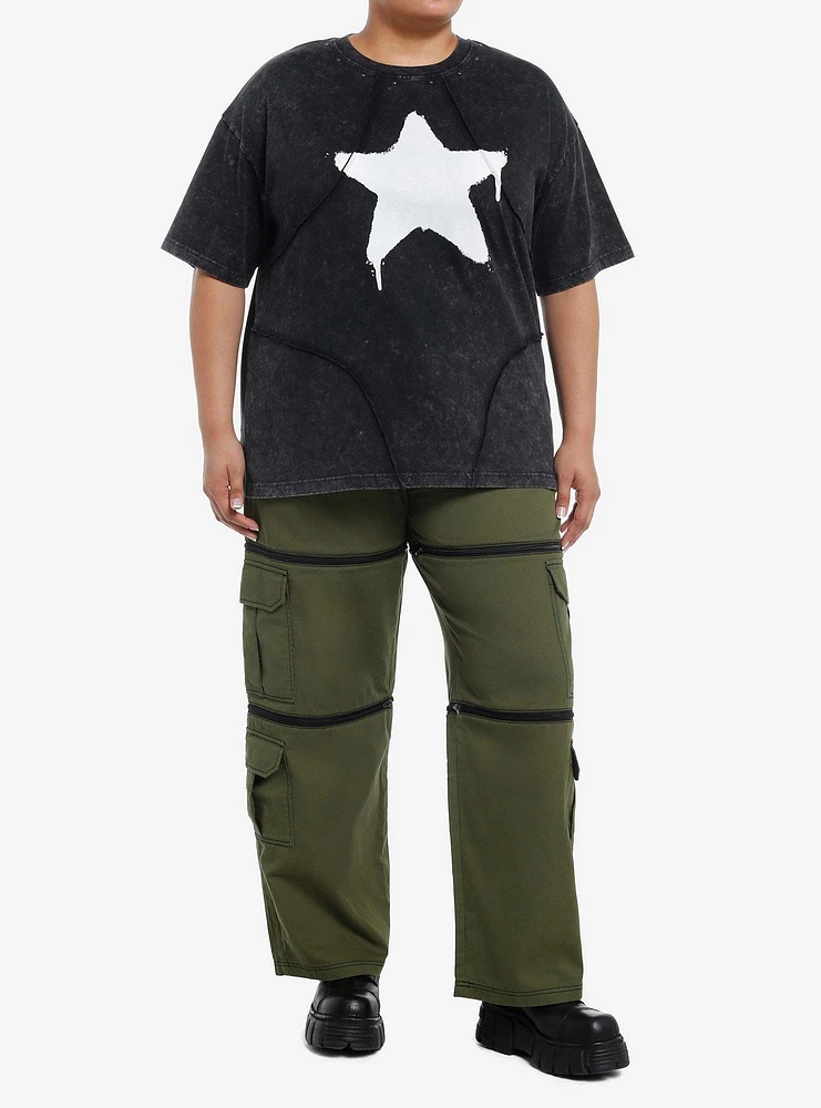 Social Collision Graffiti Star Stitch Dark Wash Girls Oversized T-Shirt Plus