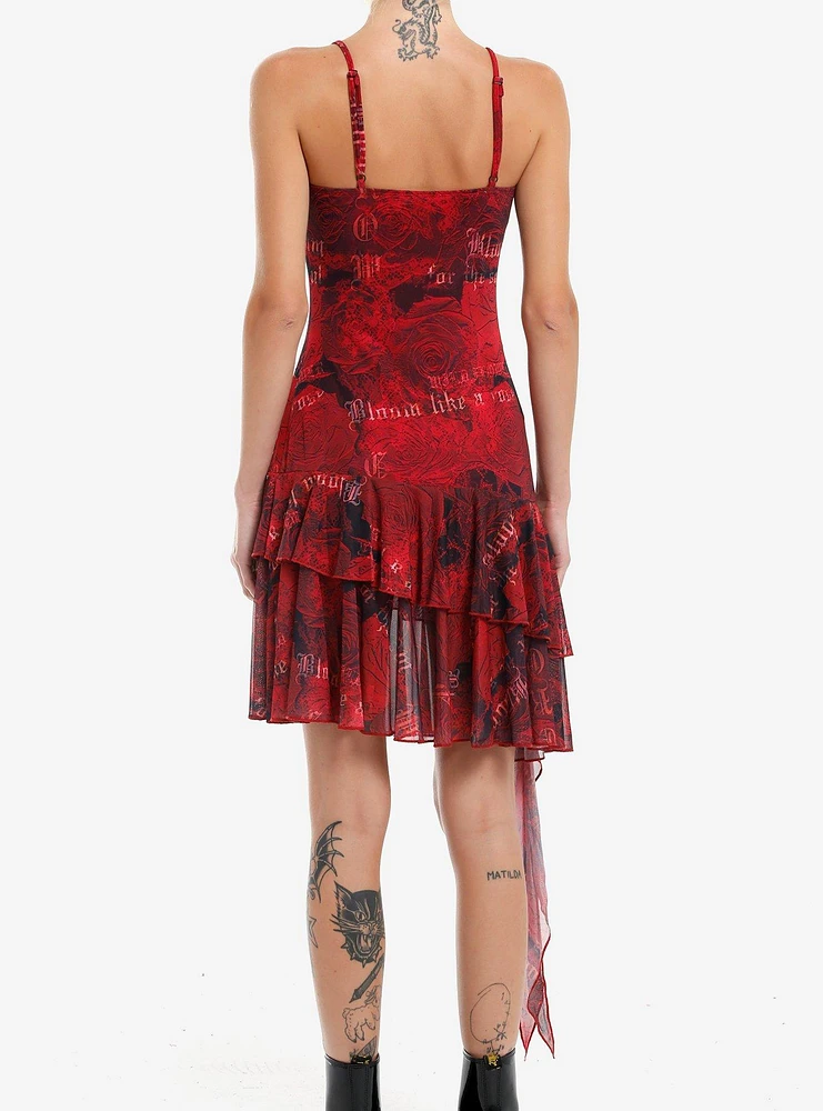 Red Paisley Rose Ruffle Asymmetrical Dress