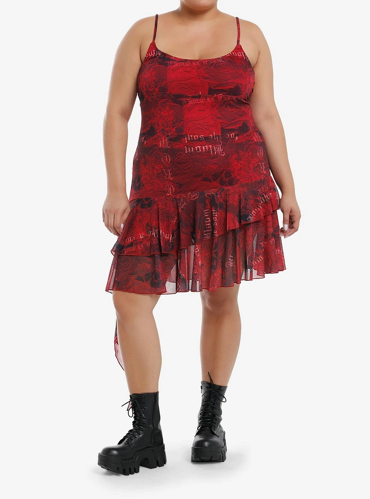 Red Paisley Rose Ruffle Asymmetrical Dress Plus