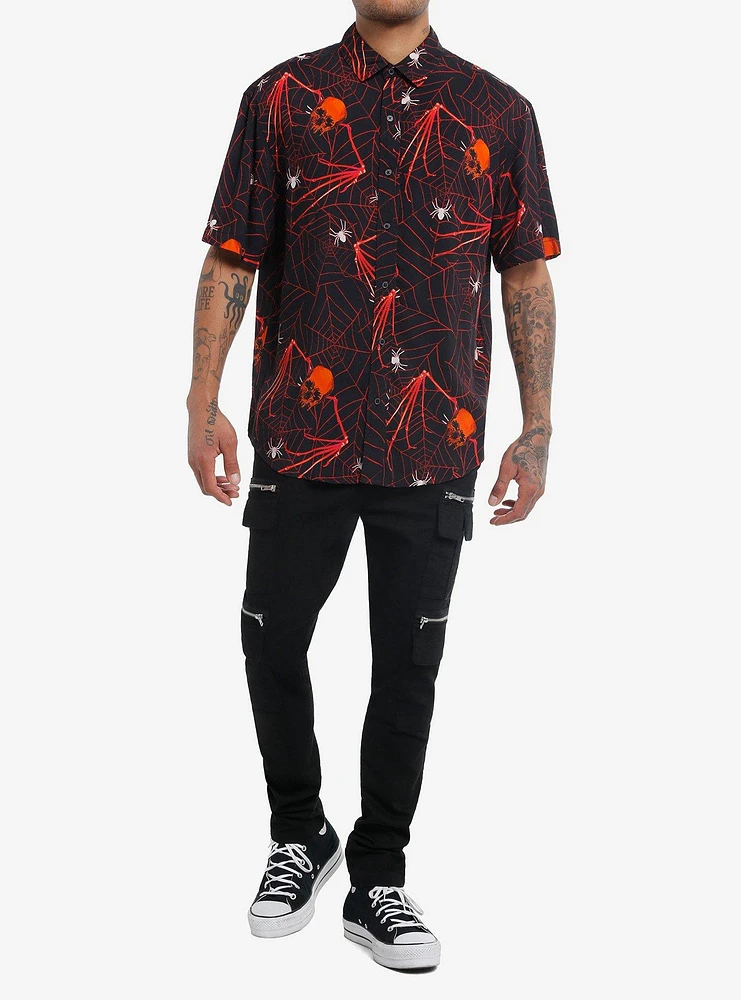 Skull Bats Allover Print Woven Button-Up