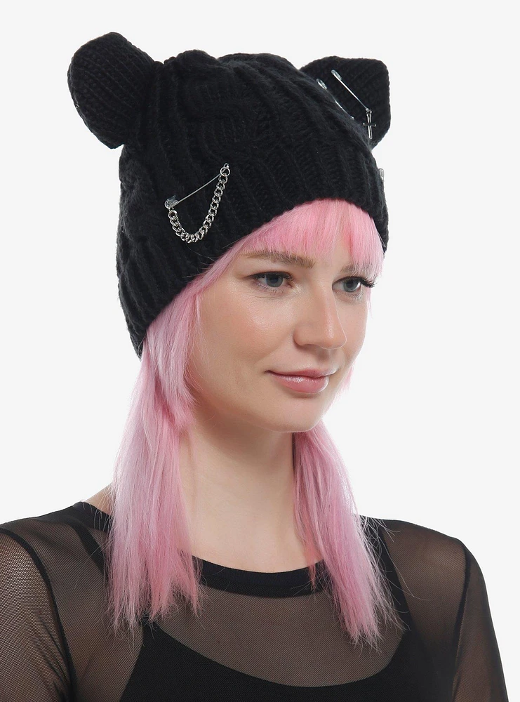 Black Pierced Cat Ear Beanie