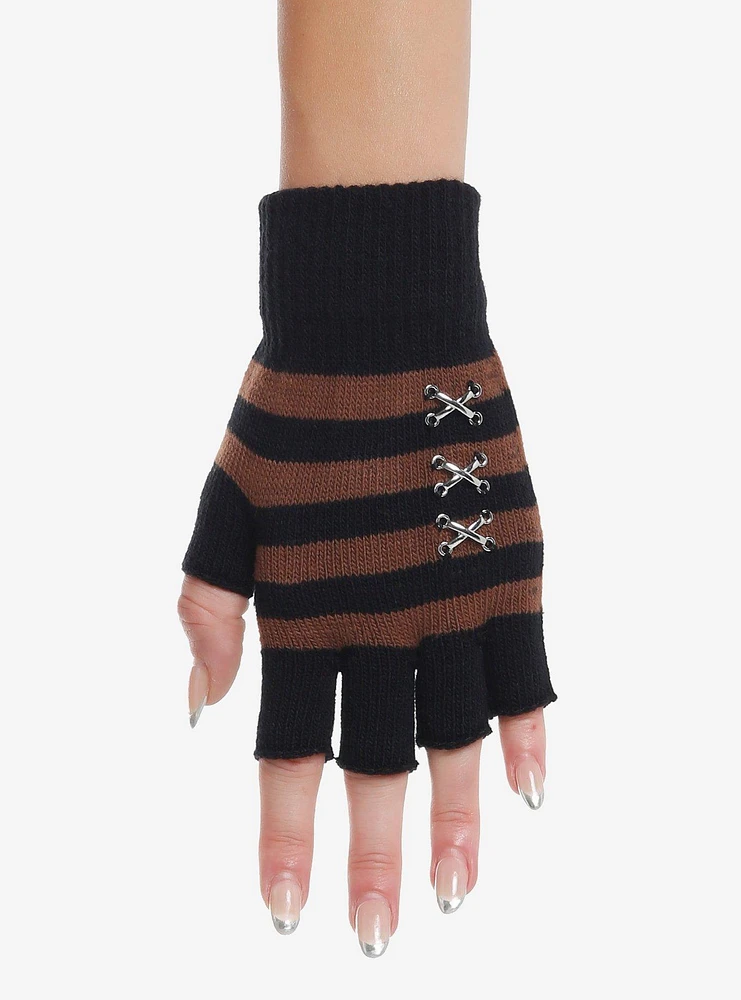 Brown & Black Stripe Stitched Fingerless Gloves