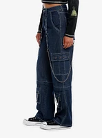 Dark Blue Grommets & Chains Wide-Leg Jeans