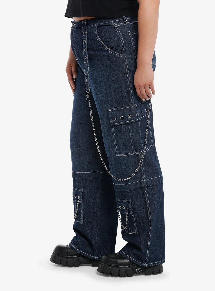 Dark Blue Grommets & Chains Wide-Leg Jeans Plus