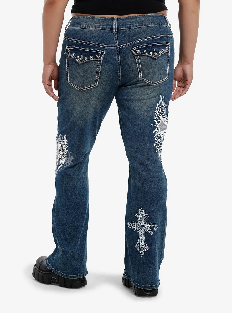 Cross Skull Wings Rhinestone Flare Denim Pants Plus