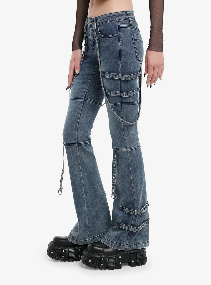 Dark Blue Grommet Tape Low-Rise Bootcut Jeans