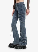 Dark Blue Grommet Tape Low-Rise Bootcut Jeans