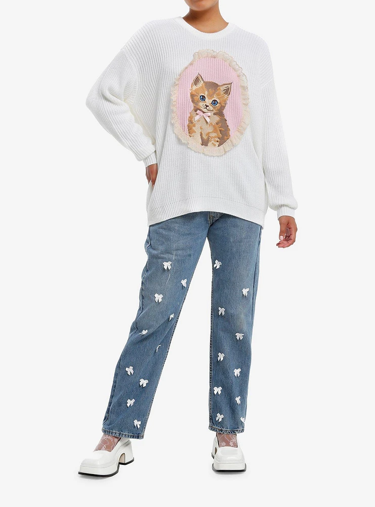 Sweet Society Kitten Portrait Knit Girls Oversized Sweater