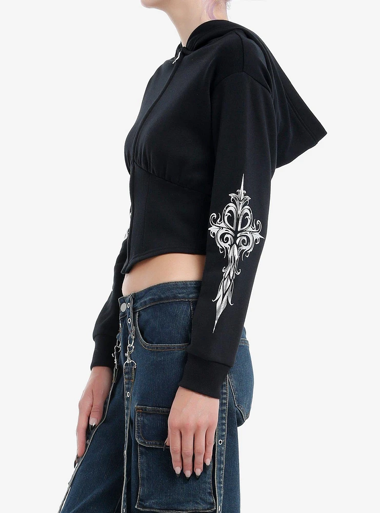 Social Collision Silver Cross Corset Girls Crop Hoodie