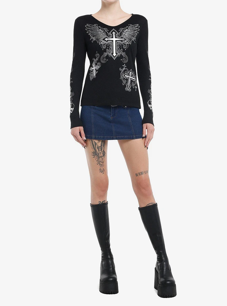 Social Collision Winged Cross Silver Foil Girls Long-Sleeve Top