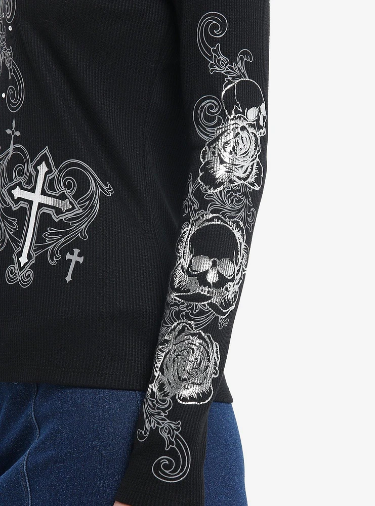 Social Collision Winged Cross Silver Foil Girls Long-Sleeve Top