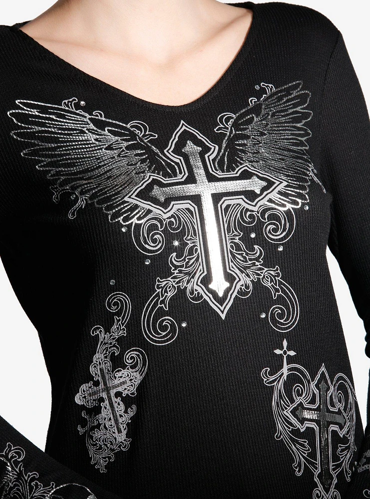 Social Collision Winged Cross Silver Foil Girls Long-Sleeve Top