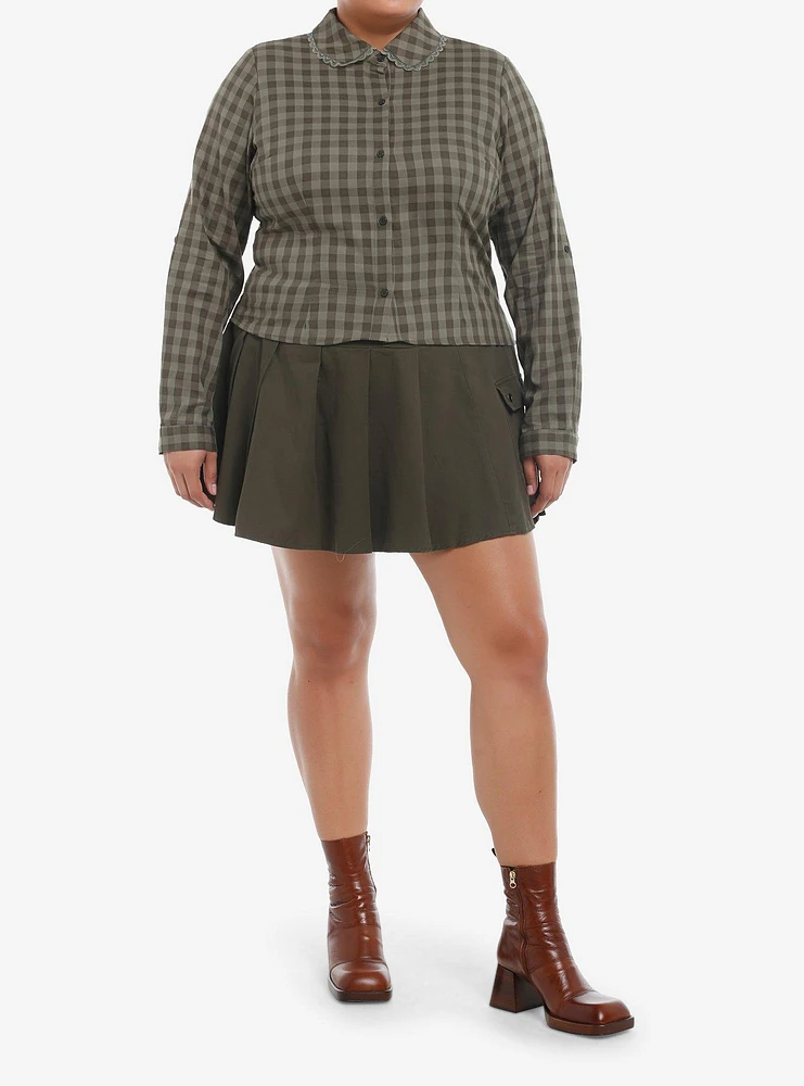 Thorn & Fable Green Checkered Girls Crop Long-Sleeve Button-Up Plus