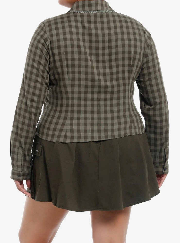 Thorn & Fable Green Checkered Girls Crop Long-Sleeve Button-Up Plus