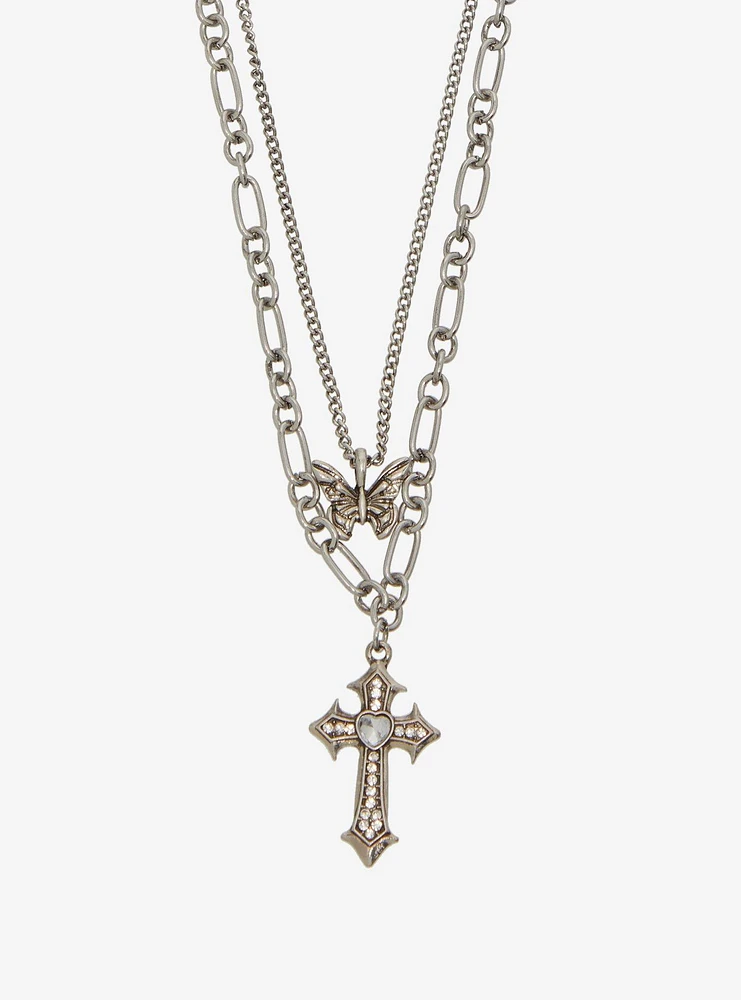 Social Collision Butterfly Cross Layered Necklace