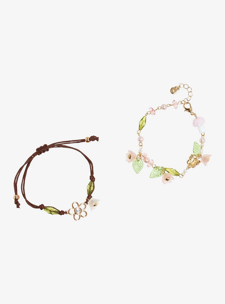 Thorn & Fable Pink Flower Leaf Bracelet Set